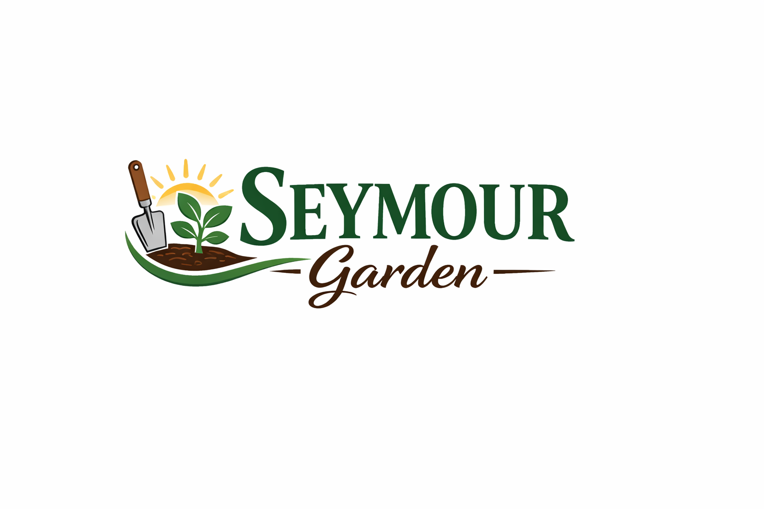 Seymour Garden logo featuring a green plant sprouting from soil with a garden trowel and sunrise, representing backyard gardening and sustainable food growing.